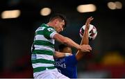 5 August 2021; Ronan Finn of Shamrock Rovers in action against Jackson of Teuta during the UEFA Europa Conference League third qualifying round first leg match between Shamrock Rovers and Teuta at Tallaght Stadium in Dublin. Photo by Eóin Noonan/Sportsfile