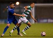 5 August 2021; Graham Burke of Shamrock Rovers in action against Blerim Kotobelli of Teuta during the UEFA Europa Conference League third qualifying round first leg match between Shamrock Rovers and Teuta at Tallaght Stadium in Dublin. Photo by Harry Murphy/Sportsfile
