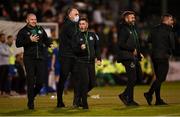 5 August 2021; Shamrock Rovers manager Stephen Bradley, centre, celebrates his side's first goal alongside, from left, coach Glenn Cronin, physiotherapist Tony McCarthy, sporting director Stephen McPhail and strength and conditioning coach Darren Dillon, during the UEFA Europa Conference League third qualifying round first leg match between Shamrock Rovers and Teuta at Tallaght Stadium in Dublin. Photo by Harry Murphy/Sportsfile