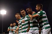 5 August 2021; Aidomo Emakhu of Shamrock Rovers, second from right, celebrates with team-mates Lee Grace, right, and Aaron Greene after scoring his side's first goal during the UEFA Europa Conference League third qualifying round first leg match between Shamrock Rovers and Teuta at Tallaght Stadium in Dublin. Photo by Eóin Noonan/Sportsfile