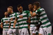 5 August 2021; Aidomo Emakhu of Shamrock Rovers, second from right, celebrates with team-mates Lee Grace, right, and Aaron Greene after scoring his side's first goal during the UEFA Europa Conference League third qualifying round first leg match between Shamrock Rovers and Teuta at Tallaght Stadium in Dublin. Photo by Eóin Noonan/Sportsfile