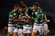 5 August 2021; Aidomo Emakhu of Shamrock Rovers, centre, celebrates with team-mates, from left, Lee Grace, Aaron Greene and Sean Gannon after scoring his side's first goal during the UEFA Europa Conference League third qualifying round first leg match between Shamrock Rovers and Teuta at Tallaght Stadium in Dublin. Photo by Eóin Noonan/Sportsfile