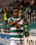5 August 2021; Aidomo Emakhu of Shamrock Rovers celebrates after his side's victory over Teuta in their UEFA Europa Conference League third qualifying round first leg match at Tallaght Stadium in Dublin. Photo by Harry Murphy/Sportsfile