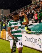 5 August 2021; Aidomo Emakhu of Shamrock Rovers celebrates after his side's victory over Teuta in their UEFA Europa Conference League third qualifying round first leg match at Tallaght Stadium in Dublin. Photo by Harry Murphy/Sportsfile