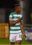 5 August 2021; Aidomo Emakhu of Shamrock Rovers celebrates after his side's victory over Teuta in their UEFA Europa Conference League third qualifying round first leg match at Tallaght Stadium in Dublin. Photo by Harry Murphy/Sportsfile