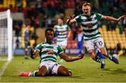 5 August 2021; Aidomo Emakhu of Shamrock Rovers celebrates after scoring his side's winning goal during the UEFA Europa Conference League third qualifying round first leg match between Shamrock Rovers and Teuta at Tallaght Stadium in Dublin. Photo by Eóin Noonan/Sportsfile