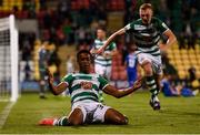 5 August 2021; Aidomo Emakhu of Shamrock Rovers celebrates after scoring his side's winning goal during the UEFA Europa Conference League third qualifying round first leg match between Shamrock Rovers and Teuta at Tallaght Stadium in Dublin. Photo by Eóin Noonan/Sportsfile