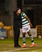 5 August 2021; Aidomo Emakhu of Shamrock Rovers, right, is congratulated by manager Stephen Bradley after scoring his side's winning goal in their victory over Teuta during their UEFA Europa Conference League third qualifying round first leg match at Tallaght Stadium in Dublin. Photo by Harry Murphy/Sportsfile