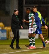 5 August 2021; Aidomo Emakhu of Shamrock Rovers, right, is congratulated by manager Stephen Bradley after scoring his side's winning goal in their victory over Teuta during their UEFA Europa Conference League third qualifying round first leg match at Tallaght Stadium in Dublin. Photo by Harry Murphy/Sportsfile