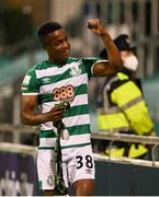5 August 2021; Aidomo Emakhu of Shamrock Rovers celebrates after his side's victory over Teuta in their UEFA Europa Conference League third qualifying round first leg match at Tallaght Stadium in Dublin. Photo by Harry Murphy/Sportsfile