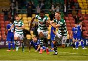 5 August 2021; Aidomo Emakhu of Shamrock Rovers, left, celebrates with team-mate Liam Scales after scoring his side's winning goal during the UEFA Europa Conference League third qualifying round first leg match between Shamrock Rovers and Teuta at Tallaght Stadium in Dublin. Photo by Eóin Noonan/Sportsfile