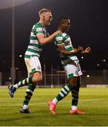 5 August 2021; Aidomo Emakhu of Shamrock Rovers, right, celebrates with team-mate Liam Scales after scoring his side's winning goal during the UEFA Europa Conference League third qualifying round first leg match between Shamrock Rovers and Teuta at Tallaght Stadium in Dublin. Photo by Eóin Noonan/Sportsfile