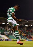 5 August 2021; Aidomo Emakhu of Shamrock Rovers celebrates after scoring his side's winning goal during the UEFA Europa Conference League third qualifying round first leg match between Shamrock Rovers and Teuta at Tallaght Stadium in Dublin. Photo by Eóin Noonan/Sportsfile