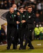 5 August 2021; Shamrock Rovers manager Stephen Bradley, centre, celebrates with coach Glenn Cronin, left, and sporting director Stephen McPhail after their side's first goal, scored by Aidomo Emakhu, during the UEFA Europa Conference League third qualifying round first leg match between Shamrock Rovers and Teuta at Tallaght Stadium in Dublin. Photo by Harry Murphy/Sportsfile