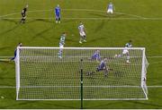 5 August 2021; Aidomo Emakhu of Shamrock Rovers, right, shoots to score his side's winning goal past Teuta goalkeeper Stivi Frasheri during the UEFA Europa Conference League third qualifying round first leg match between Shamrock Rovers and Teuta at Tallaght Stadium in Dublin. Photo by Harry Murphy/Sportsfile