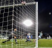 5 August 2021; Aidomo Emakhu of Shamrock Rovers shoots to score his side's winning goal, despite pressure from Teuta's Blagoja Todorovski, during the UEFA Europa Conference League third qualifying round first leg match between Shamrock Rovers and Teuta at Tallaght Stadium in Dublin. Photo by Eóin Noonan/Sportsfile
