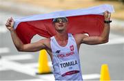 6 August 2021; Dawid Tomala of Poland celebrates after winning the men's 50 kilometre walk final at Sapporo Odori Park on day 14 during the 2020 Tokyo Summer Olympic Games in Sapporo, Japan. Photo by Ramsey Cardy/Sportsfile