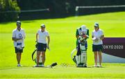6 August 2021; Stephanie Meadow of Ireland with her caddie Kyle Kallan, left, and Leona Maguire with her caddie Diarmuid Byrne on the sixth tee box during round three of the women's individual stroke play at the Kasumigaseki Country Club during the 2020 Tokyo Summer Olympic Games in Kawagoe, Saitama, Japan. Photo by Brendan Moran/Sportsfile