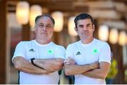 6 August 2021; Team Ireland boxing head coach Zaur Antia, left, and Team Ireland boxing high performance director Bernard Dunne pose for a portrait at a media conference in the Olympic Village during the 2020 Tokyo Summer Olympic Games in Tokyo, Japan. Photo by Stephen McCarthy/Sportsfile