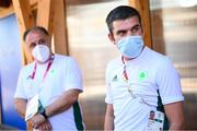 6 August 2021; Team Ireland boxing high performance director Bernard Dunne, right, and Team Ireland boxing head coach Zaur Antia during a media conference in the Olympic Village during the 2020 Tokyo Summer Olympic Games in Tokyo, Japan. Photo by Stephen McCarthy/Sportsfile