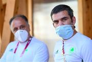 6 August 2021; Team Ireland boxing high performance director Bernard Dunne, right, and Team Ireland boxing head coach Zaur Antia during a media conference in the Olympic Village during the 2020 Tokyo Summer Olympic Games in Tokyo, Japan. Photo by Stephen McCarthy/Sportsfile