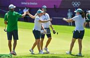 6 August 2021; Stephanie Meadow, centre, and Leona Maguire of Ireland fist bump alongside their caddies Diarmuid Byrne, left, and Kyle Kallan after round three of the women's individual stroke play at the Kasumigaseki Country Club during the 2020 Tokyo Summer Olympic Games in Kawagoe, Saitama, Japan. Photo by Brendan Moran/Sportsfile