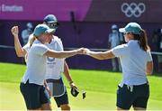 6 August 2021; Stephanie Meadow, left, and Leona Maguire of Ireland fist bump after round three of the women's individual stroke play at the Kasumigaseki Country Club during the 2020 Tokyo Summer Olympic Games in Kawagoe, Saitama, Japan. Photo by Brendan Moran/Sportsfile