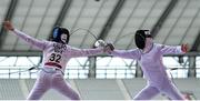 6 August 2021; Mariana Arceo of Mexico, left, and Joanna Muir of Great Britain during the women's individual fencing bonus round at Tokyo Stadium on day 14 during the 2020 Tokyo Summer Olympic Games in Tokyo, Japan. Photo by Stephen McCarthy/Sportsfile
