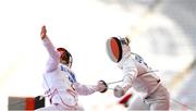 6 August 2021; Natalya Coyle of Ireland, right, and Uliana Batashova of Russian Olympic Committee during the women's individual fencing bonus round at Tokyo Stadium on day 14 during the 2020 Tokyo Summer Olympic Games in Tokyo, Japan. Photo by Stephen McCarthy/Sportsfile