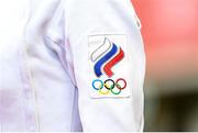 6 August 2021; A detailed view of the Russia Olympic Committee logo during the women's individual fencing bonus at Tokyo Stadium on day 14 during the 2020 Tokyo Summer Olympic Games in Tokyo, Japan. Photo by Stephen McCarthy/Sportsfile