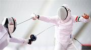 6 August 2021; Haydy Morsy of Egypt, left, and Sarolta Kovacs of Hungary during the women's individual fencing bonus at Tokyo Stadium on day 14 during the 2020 Tokyo Summer Olympic Games in Tokyo, Japan. Photo by Stephen McCarthy/Sportsfile