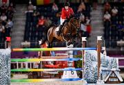 6 August 2021; Jessica Springsteen of the United States riding Don Juan Van De Donkhoeve during the jumping team qualifier at the Equestrian Park during the 2020 Tokyo Summer Olympic Games in Tokyo, Japan. Photo by Brendan Moran/Sportsfile