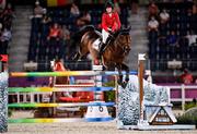 6 August 2021; Jessica Springsteen of the United States riding Don Juan Van De Donkhoeve during the jumping team qualifier at the Equestrian Park during the 2020 Tokyo Summer Olympic Games in Tokyo, Japan. Photo by Brendan Moran/Sportsfile