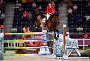 6 August 2021; Jessica Springsteen of the United States riding Don Juan Van De Donkhoeve during the jumping team qualifier at the Equestrian Park during the 2020 Tokyo Summer Olympic Games in Tokyo, Japan. Photo by Brendan Moran/Sportsfile