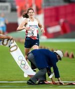 6 August 2021; Kate French of Great Britain crosses the line to win gold in the laser run during the women's modern pentathlon at Tokyo Stadium on day 14 during the 2020 Tokyo Summer Olympic Games in Tokyo, Japan. Photo by Stephen McCarthy/Sportsfile