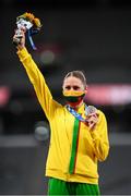 6 August 2021; Laura Asadauskaite of Lithuania poses with the silver medal following the women's modern pentathlon at Tokyo Stadium on day 14 during the 2020 Tokyo Summer Olympic Games in Tokyo, Japan. Photo by Stephen McCarthy/Sportsfile