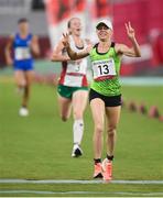 6 August 2021; Laura Asadauskaite of Lithuania crosses the finish line to win silver in the laser run of the women's modern pentathlon at Tokyo Stadium on day 14 during the 2020 Tokyo Summer Olympic Games in Tokyo, Japan. Photo by Stephen McCarthy/Sportsfile