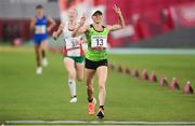 6 August 2021; Laura Asadauskaite of Lithuania crosses the finish line to win silver in the laser run of the women's modern pentathlon at Tokyo Stadium on day 14 during the 2020 Tokyo Summer Olympic Games in Tokyo, Japan. Photo by Stephen McCarthy/Sportsfile