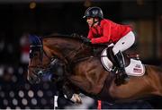 6 August 2021; Laura Kraut of the United States riding Baloutinue during the jumping team qualifier at the Equestrian Park during the 2020 Tokyo Summer Olympic Games in Tokyo, Japan. Photo by Brendan Moran/Sportsfile