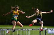 6 August 2021; Darcy Hutter of Brothers Pearse AC, Dubin, left, and Fern Duffy of Letterkenny AC, Donegal, competing in the Girl's U15 250m Hurdles during day one of the Irish Life Health National Juvenile Track & Field Championships at Tullamore Harriers Stadium in Tullamore, Offaly. Photo by Sam Barnes/Sportsfile