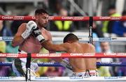 6 August 2021; Sean McComb, left, and Vincente Martin Rodriguez during their super lightweight bout at Falls Park in Belfast. Photo by David Fitzgerald/Sportsfile