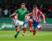 6 August 2021; Charlie Fleming of Treaty United in action against Vilius Labutis of Cabinteely during the SSE Airtricity League First Division match between Treaty United and Cabinteely at Markets Field in Limerick. Photo by Michael P Ryan/Sportsfile