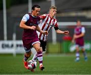 6 August 2021; James Brown of Drogheda United in action against Ciaron Harkin of Derry City during the SSE Airtricity League Premier Division match between Derry City and Drogheda United at Ryan McBride Brandywell Stadium in Derry. Photo by Eóin Noonan/Sportsfile