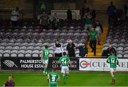 6 August 2021; Darragh Crowley of Cork City celebrates with Cork City supporters and team-mates Cian Murphy, 24, Beineón O'Brien-Whitmarsh, 9, and Cory Galvin, 14, after scoring his side's second goal, in the 26th minute, during the SSE Airtricity League First Division match between Galway United and Cork City at Eamonn Deacy Park in Galway. Photo by Ray McManus/Sportsfile