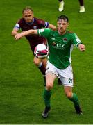 6 August 2021; Cian Murphy of Cork City in action against Conor McCormack of Galway United during the SSE Airtricity League First Division match between Galway United and Cork City at Eamonn Deacy Park in Galway. Photo by Ray McManus/Sportsfile