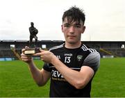6 August 2021; Luke Marren of Sligo with his Electric Ireland Man of the Match Award after the Electric Ireland Connacht GAA Minor 2021 Final match between Roscommon and Sligo at Dr Hyde Park in Roscommon. Photo by Piaras Ó Mídheach/Sportsfile