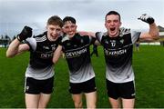 6 August 2021; Sligo players, from left, Eoghan Scanlon, Dylan McLoughlin and Stephen Donoghue celebrate after their side's victory in the Electric Ireland Connacht GAA Minor 2021 Final match between Roscommon and Sligo at Dr Hyde Park in Roscommon. Photo by Piaras Ó Mídheach/Sportsfile