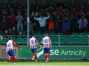 6 August 2021; Clyde O'Connell of Treaty United, 5, celebrates after scoring his side's first goal during the SSE Airtricity League First Division match between Treaty United and Cabinteely at Markets Field in Limerick. Photo by Michael P Ryan/Sportsfile