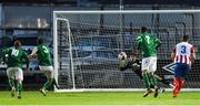6 August 2021; Kevin Knight of Cabinteely shoots to score his side's third goal from a penalty during the SSE Airtricity League First Division match between Treaty United and Cabinteely at Markets Field in Limerick. Photo by Michael P Ryan/Sportsfile