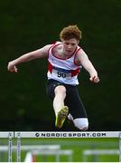 6 August 2021; Conor Hoade of Galway City Harriers AC, on his way to winning the Boy's U18 400m Hurdles during day one of the Irish Life Health National Juvenile Track & Field Championships at Tullamore Harriers Stadium in Tullamore, Offaly. Photo by Sam Barnes/Sportsfile